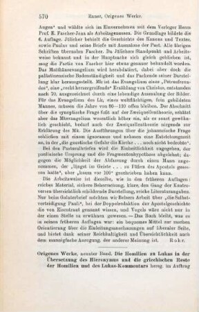 570-571 [Rezension] Origenes, Die Homilien zu Lukas in der Übersetzung des Hieronymus und die griechischen Reste der Homilien und des Lukas-Kommentars