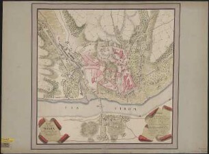 Plan von der Stadt Meißen, ca. 1:2 300, kolor. Handzeichng, 1750 : Plan von der Stadt Meissen / aufgenommen Ao. 1750 von Herrn Major Faesch. [Kopiert und ergänzt von:] Auenmüller. - [Aufgen.] 1750, [erg.]1770. - [Ca. 1:2 300]. - [S.l.] , 1770. - 1 Kt. : kolor. Handzeichng. , 50 x 49 cm