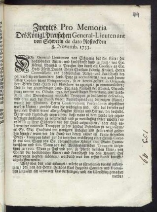 Zweytes Pro Memoria Des Königl. Preußchen General-Lieutenant von Schwerin de dato Rostock den 8. Novemb. 1733.