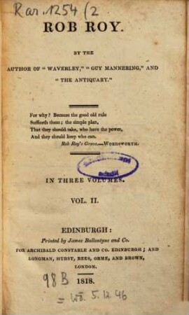 Rob Roy : in three volumes, 2. (1818). - 324 S.