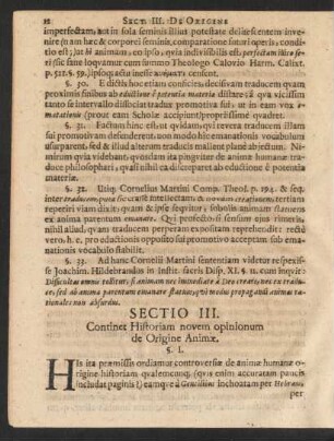Sectio III. Continet Historiam novem opinionum de Origine Animae.