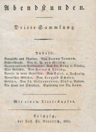 Sammlung 3: Mit einem Titel-Kupfer : Abendstunden der geselligen Unterhaltung geweiht