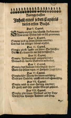 Kurtzgefasster Inhalt eines jeden Capitels dieses ersten Buchs