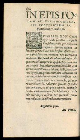In Epistolam Ad Thessalonicenses Posteriorem Argumentum per Eras. Rot.