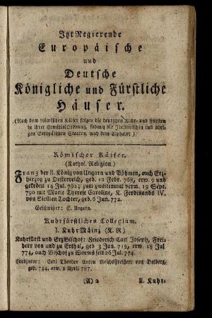 Itzt Regierende Europäische und Deutsche Königliche und Fürstliche Häuser