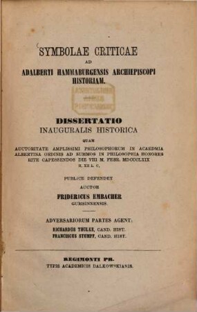 Symbolae criticae ad Adalberti Hammaburgensis Archiepiscopi historiam