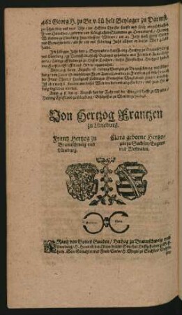 Wappen. Frantz Hertzog zu Braunschweig und Lüneburg. und Clara geborne Hertzogin zu Sachsen/ Engern und Westvalen.