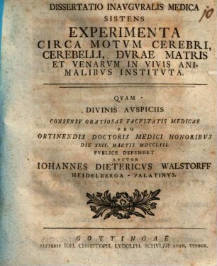 Dissertatio Inavgvralis Medica Sistens Experimenta Circa Motvm Cerebri, Cerebelli, Dvrae Matris Et Venarvm In Vivis Animalibvs Institvta