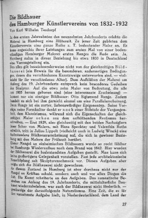 Die Bildhauer des Hamburger Künstlervereins von 1832-1932