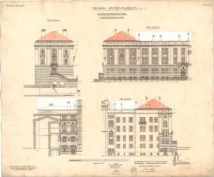 Mellinger, Ludwig von; München; Armeemuseum - Neubau, Galeriestraßenflügel, Ostseite (Ansicht,Schnitt), Nord - u. Südseite (Ansichten)
