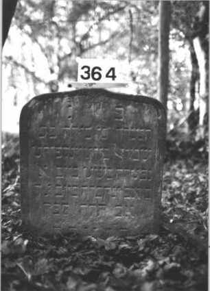 Grabstein 364 (Index: 99898381) Material: Sandstein Zustand: unten verwittert Maße HxBxT: 65x56x7 cm Beschreibung: Stele mit flachem Tudorbogenabschluss, von der Spitze herabhängende, eingeritzte Blüte Symbolik: Blüte: Grabstein 364
