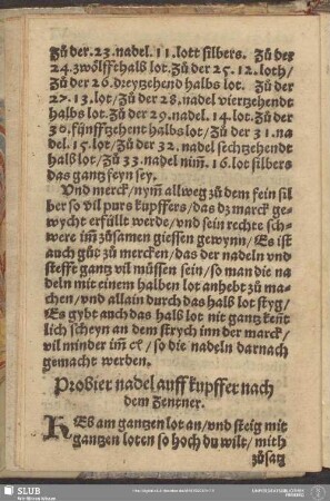 Probier nadel auff kupffer nach dem Zentner