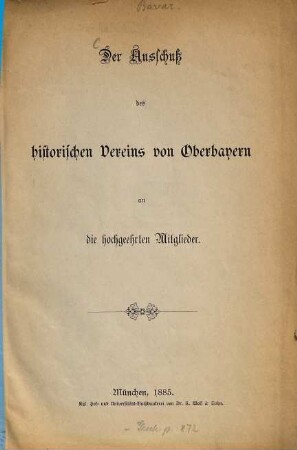 Der Ausschuß des Historischen Vereins von Oberbayern an die hochgeerhrten Mitglieder