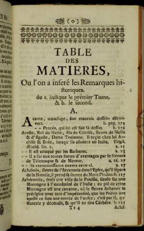 Tables des Matieres, Ou l´on a inseré les Remarques historiques.