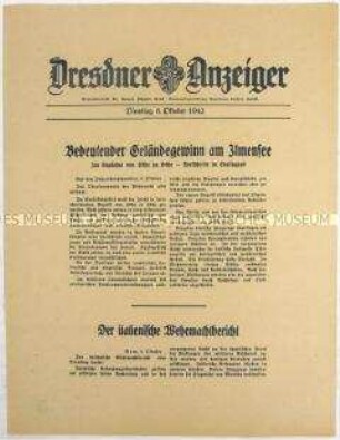 Nachrichtenblatt "Dresdner Anzeiger" mit Meldungen des Oberkommandos der Wehrmacht und des italienischen Oberkommandos u.a. zum Kriegsgeschehen im Kaukasus und Stalingrad