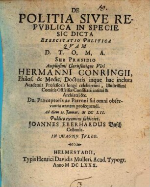 De politia sive republica in specie sic dicta exercitatio politica