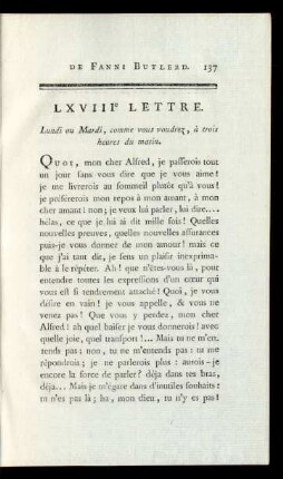LXVIIIe Lettre. Lundi ou Mardi, comme vous voudrez, à trois heures du matin.