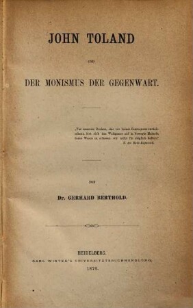 John Toland und der Monismus der Gegenwart
