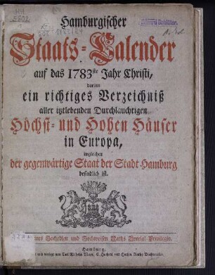 1783: Hamburgischer Staats-Kalender : auf das Jahr
