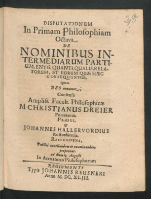 Disputationum In Primam Philosophiam Octava De Nominibus Intermediarium Partium, Entis, Quanti, Qualis, Relatorum, Et Eorum Quae Haec Consequuntur