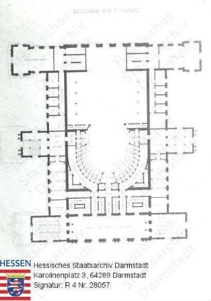 Darmstadt, Hoftheater / Grundriß des 1. Ranges des 2. Entwurfs von Gottfried Semper (1803-1879) für den Wiederaufbau des Hoftheaters nach dem Brand von 1871