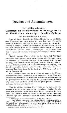 Der philosophische Unterricht an der Universität Würzburg 1762-63 im Urteil eines ehemaligen Jesuitenzöglings