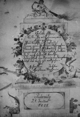 Neujahrskarte : Neujahrskarte. Aquarell über Bleistiftzeichnung; 22,7 x 17 cm (1817/1818; E. Rietschel). Pulsnitz, Sankt Nikolaikirche, Rietschelkapelle
