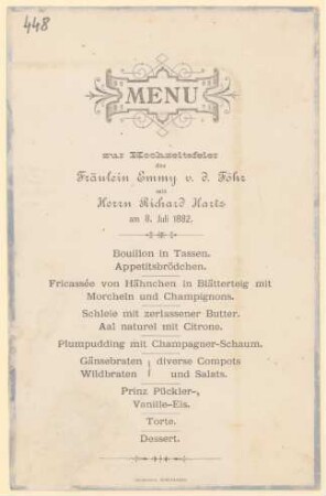 Menükarte : Hochzeitsfeier, Fräulein Emmy v.d. Föhr mit Herrn Richard Hartz