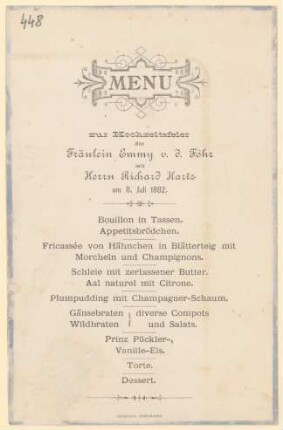 Menükarte : Hochzeitsfeier, Fräulein Emmy v.d. Föhr mit Herrn Richard Hartz
