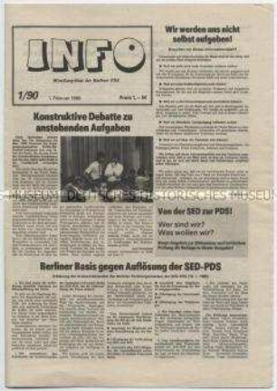 Erste Nummer eines Mitteilungsblattes der Berliner PDS zur Volkskammerwahl der DDR am 18. März 1990