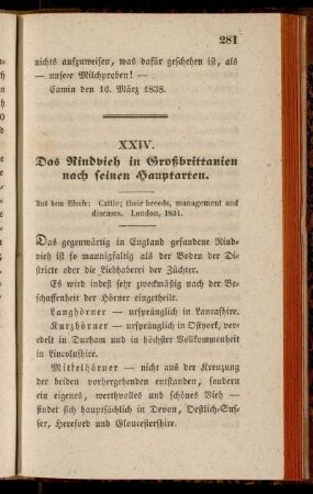XXIV. Das Rindvieh in Großbrittanien nach seinen Hauptarten