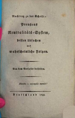 Nachtrag zu der Schrift Preußens Neutralitäts-System