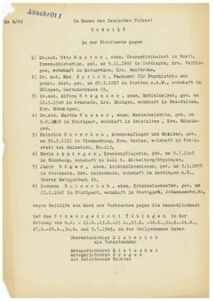 Urteil im Prozess gegen Dr. Otto Mauthe u.a. wegen Euthanasie - Bl. 1-53