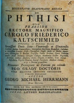 Dissertatio Inavgvralis Medica De Phthisi