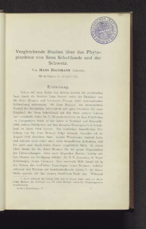 Vergleichende Studien über das Phytoplankton von Seen Schottlands und der Schweiz.