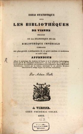Essai statistique sur les bibliothèques de Vienne
