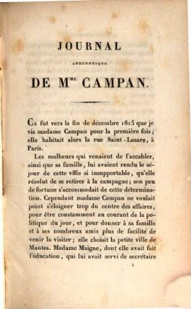 Journal anecdotique de Mme Campan, ou Souvenirs recueillis dans ses entretiens