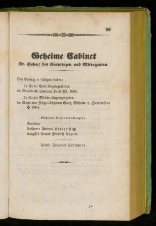 Geheime Kabinet Sr. Hoheit des Kurprinzen und Mitregenten.