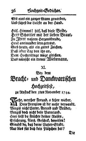 XI. Bey dem Bracht- und Danckwartischen Hochzeitfest, zu Rostock den 5ten November 1744.