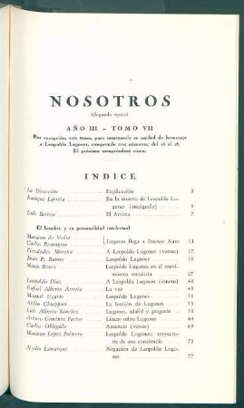 Índice [de Nosotros (Segunda época) Año III. Tomo 7]