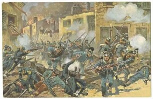 Bayrisches Infanterie-Leib-Regiment am 1. September 1870 in Bazailles: Truppen des Regiments stürmen durch Strassen von Bazailles im Häuserkampf