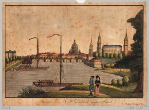 Stadtansicht von Dresden, Blick von der linken Elbseite in Höhe des Ostrageheges auf die Altstadt nach Südosten, im Vordergrund Spaziergänger und Boote