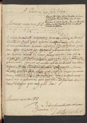Mr. Du Bouchet: Brief vom 29. Juni 1674, frz.