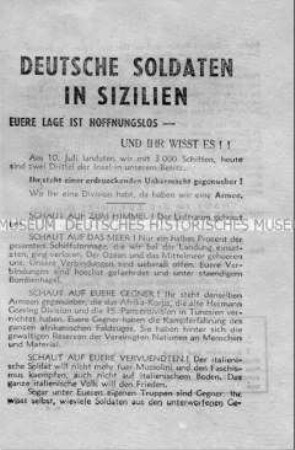 Abwurf-Flugblatt der Alliierten zur Aussichtslosigkeit der Kampfes auf Sizilien (mit Passierschein)