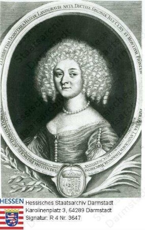 Elisabeth Dorothea Landgräfin v. Hessen-Darmstadt geb. Prinzessin v. Sachsen-Gotha (1640-1709) / Porträt in Medaillon, mit Umschrift und Wappen, Brustbild