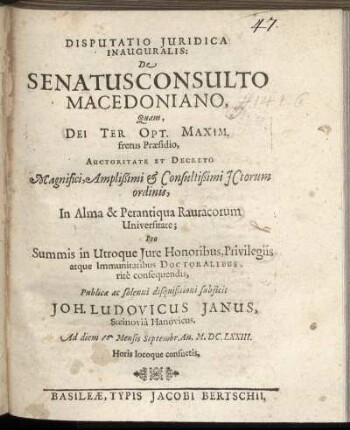 Disputatio Iuridica Inauguralis: De Senatusconsulto Macedoniano