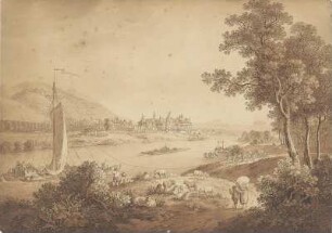 Ansicht von Pillnitz vom linken Elbufer mit Elbtreidlern, sepiagetönte Radierung, um 1810 : [Pillnitz vom linken Elbufer] / [Adrian Zingg]. - [S.l.] , [ca. 1810]. - 1 Kunstblatt : sepiagetönte Radierung ; 44 x 31 cm