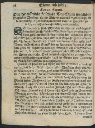 Das 20. Capittel. Daß der eusserliche fleischliche Mensch/ zum innerlichen Geistlichen Menschen/ als zum Ursprung ...