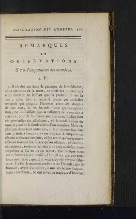 Remarques et Observations sur l'amputation des membres.