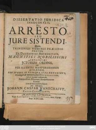 Dissertatio Iuridica Inauguralis, De Arresto Seu Iure Sistendi